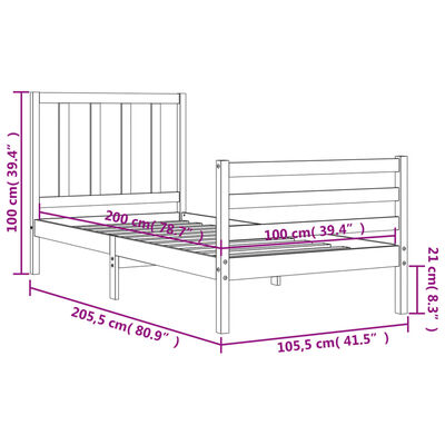 vidaXL Estructura de cama con cabecero madera maciza negro 100x200 cm