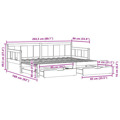 vidaXL Sofá cama nido con cajones madera maciza pino blanca 80x200 cm