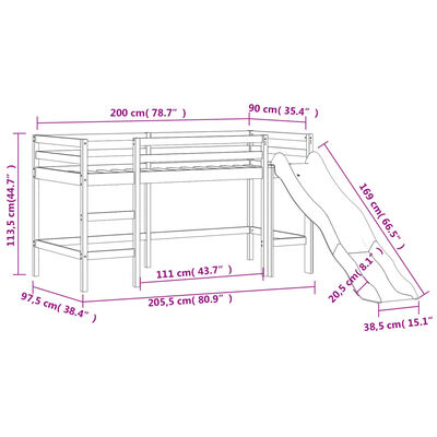 vidaXL Cama alta para niños con tobogán madera maciza pino 90x200 cm