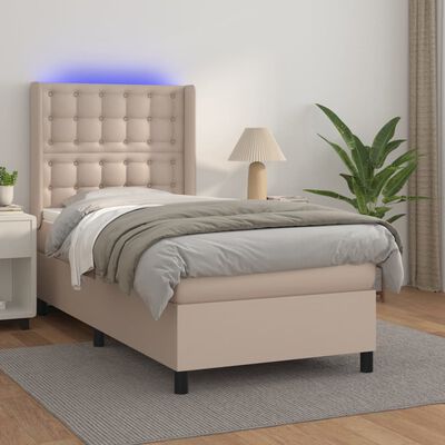 vidaXL Cama box spring colchón LED cuero sintético capuchino 90x200 cm