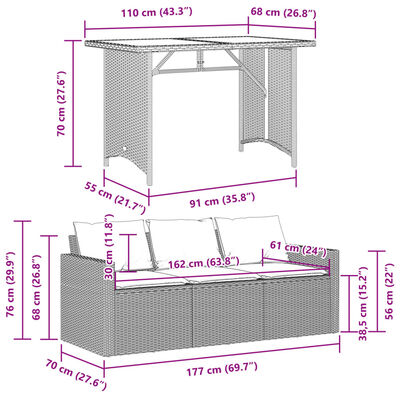 vidaXL Set comedor de jardín 2 pzas con cojines ratán sintético negro