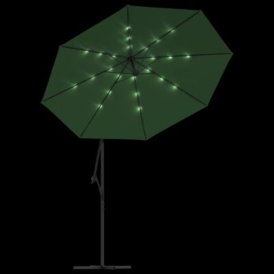 vidaXL Sombrilla colgante con luces LED y palo de metal verde 300 cm