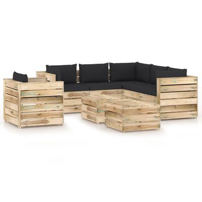 vidaXL Muebles de jardín 8 piezas con cojines madera impregnada verde