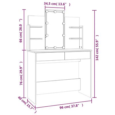 vidaXL Tocador con LED blanco brillante 96x40x142 cm