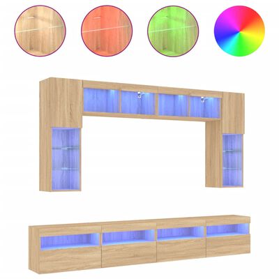 vidaXL Muebles de TV de pared con luces LED 8 piezas roble sonoma