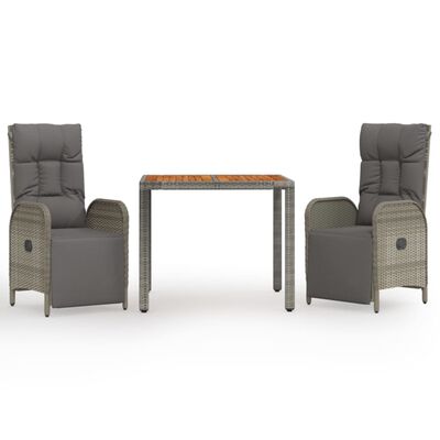 vidaXL Set comedor de jardín 3 piezas con cojines ratán sintético gris