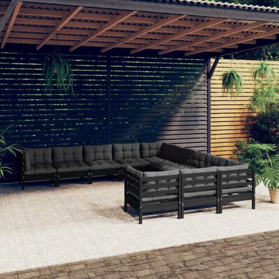 vidaXL Muebles de jardín 11 pzas y cojines negro madera de pino