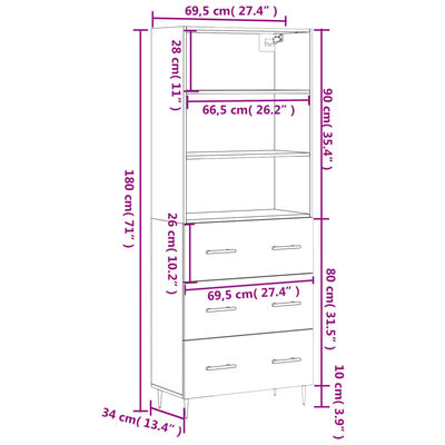 vidaXL Aparador alto madera contrachapada blanco 69,5x34x180 cm