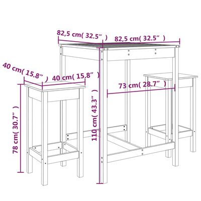 vidaXL Set de mesa y taburetes altos jardín 3 piezas madera pino gris