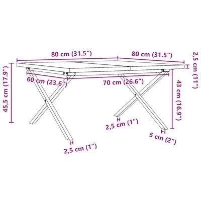 vidaXL Mesa de centro marco X madera maciza pino y hierro 80x80x45,5cm