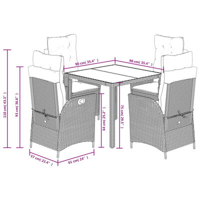 vidaXL Set comedor de jardín 5 piezas con cojines ratán sintético gris