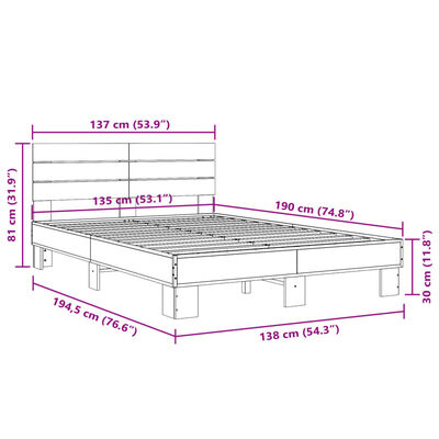 vidaXL Estructura cama madera ingeniería metal marrón roble 135x190 cm