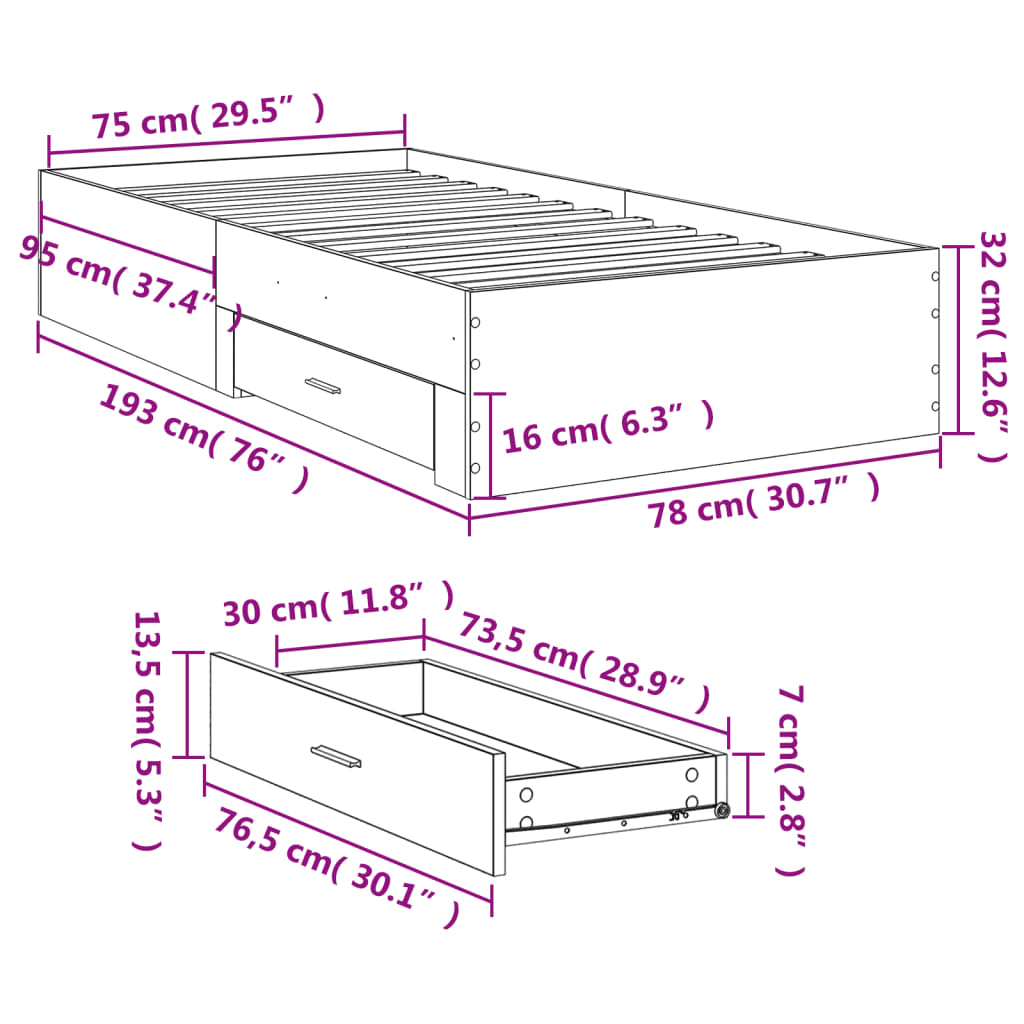 vidaXL Cama con cajones madera de ingeniería negra 75x190 cm