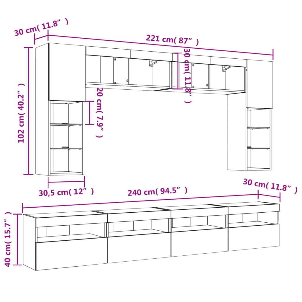 vidaXL Muebles de TV de pared con luces LED 8 piezas roble sonoma