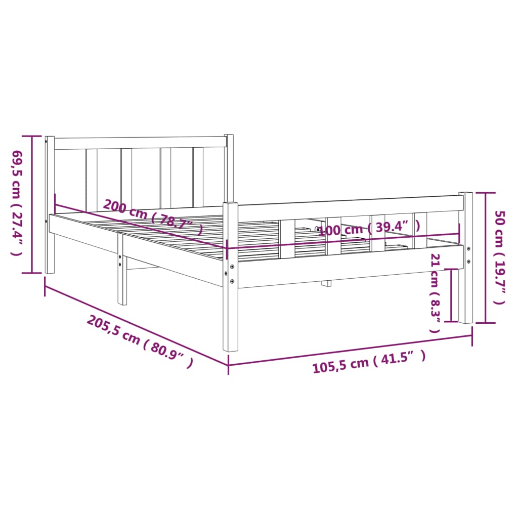 vidaXL Estructura de cama madera maciza negra 100x200 cm