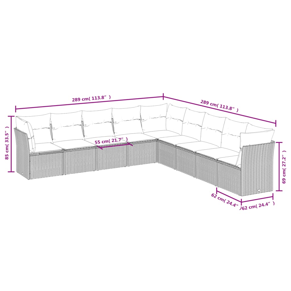 vidaXL Set de sofás de jardín 9 pzas y cojines ratán sintético marrón