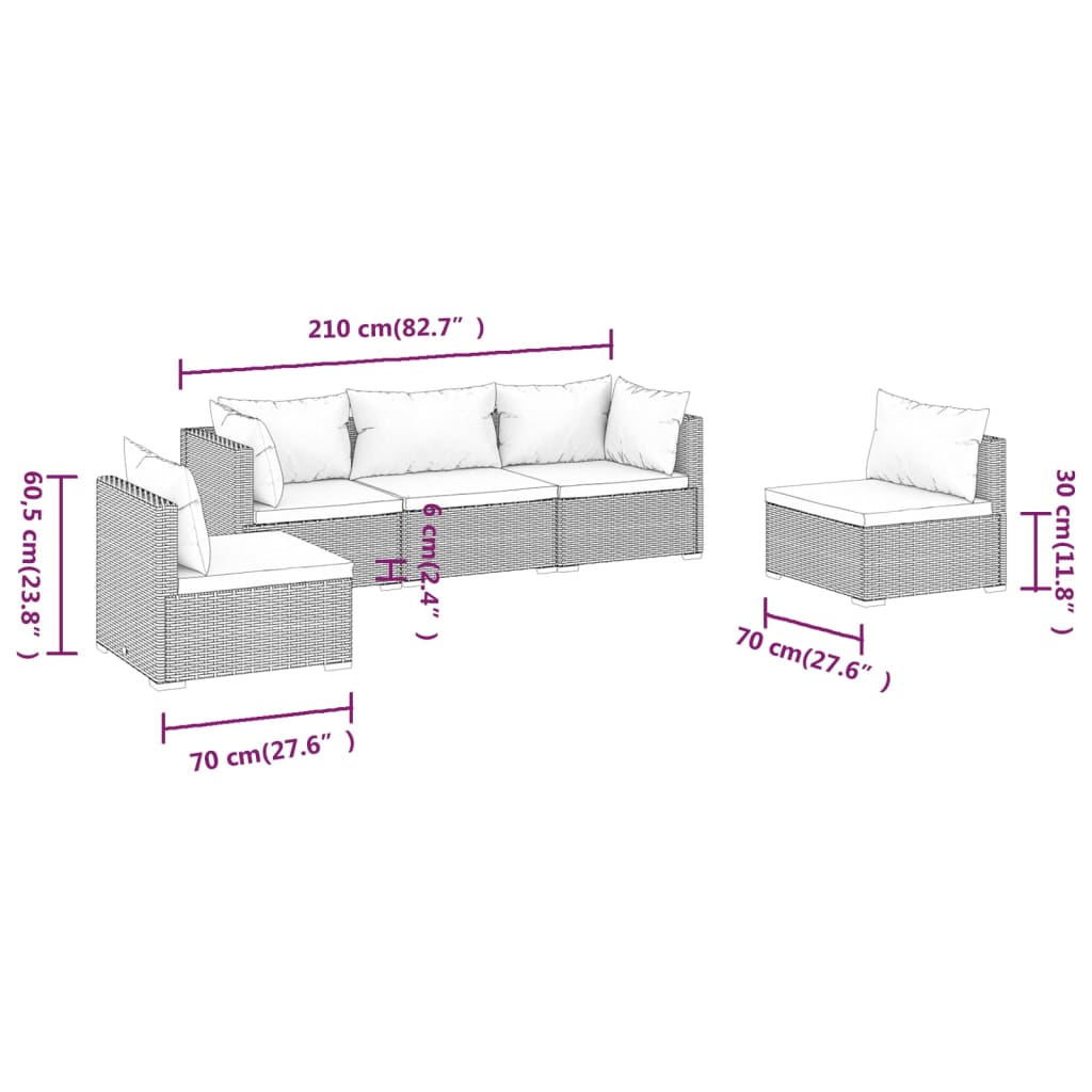 vidaXL Set muebles de jardín 5 piezas y cojines ratán sintético marrón