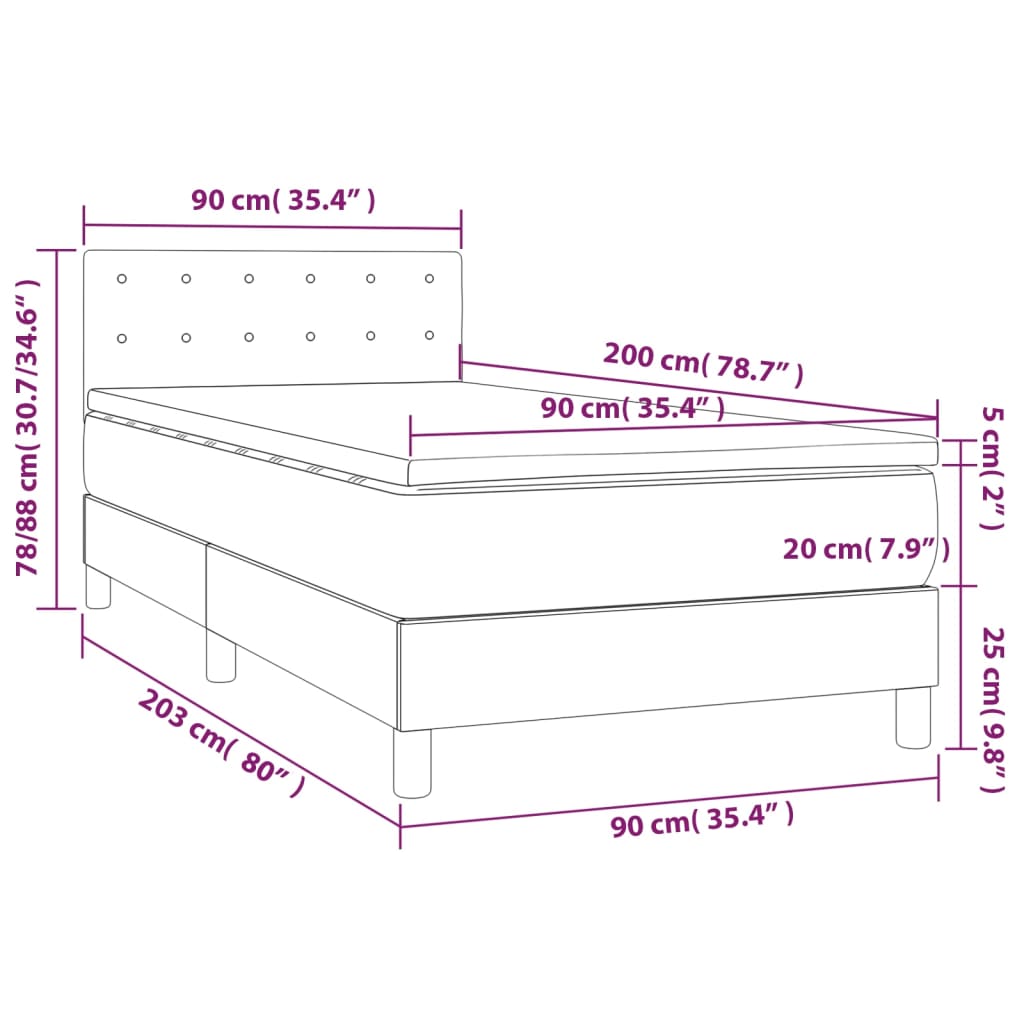 vidaXL Cama box spring y colchón LED cuero sintético negro 90x200 cm