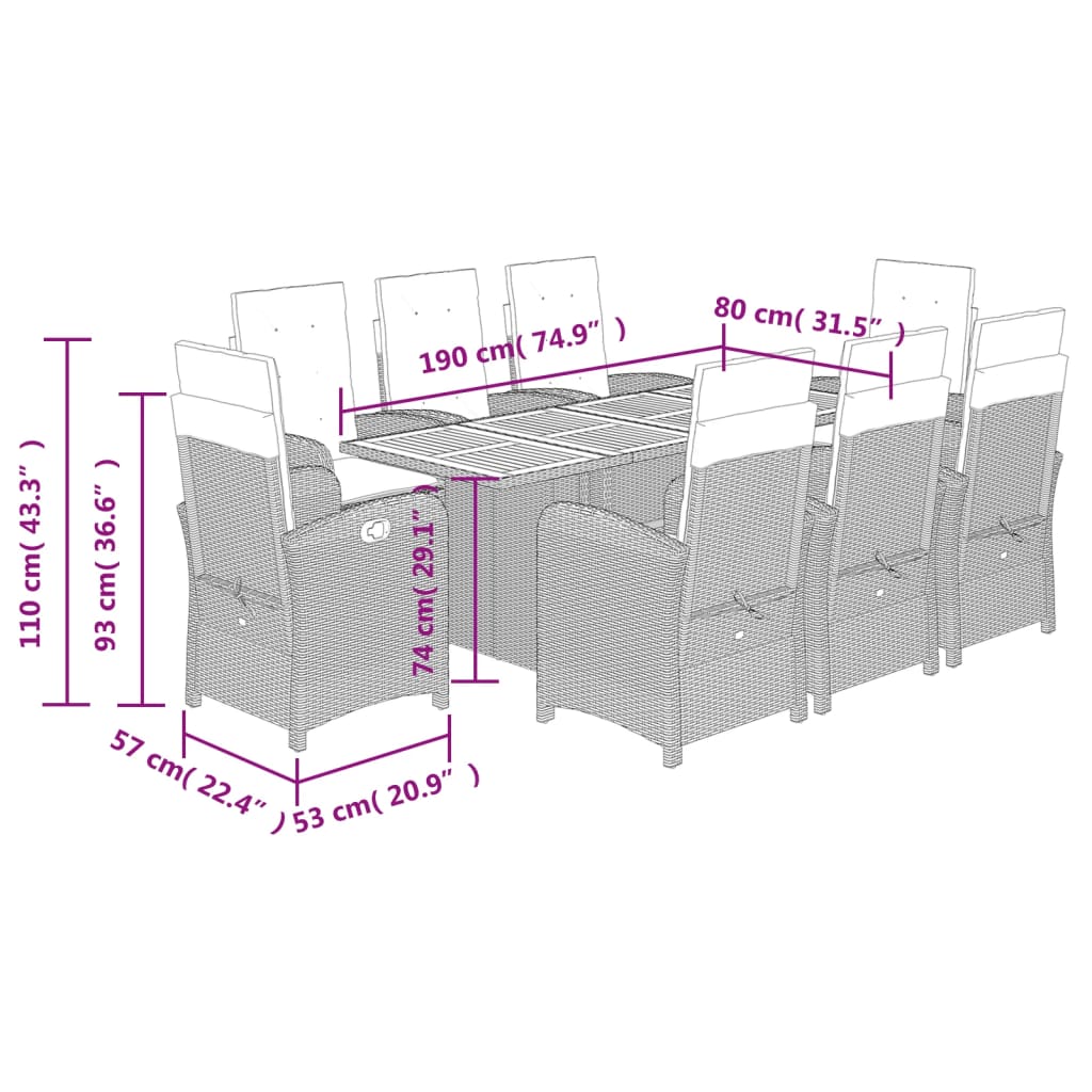 vidaXL Set comedor jardín 9 pzas y cojines ratán sintético gris