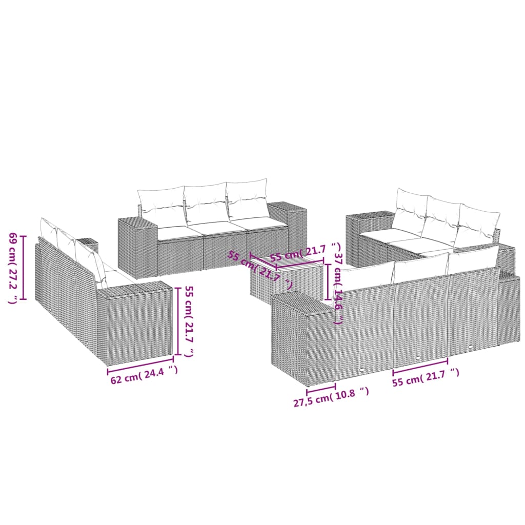 vidaXL Set sofás de jardín con cojines 13 pzas ratán sintético beige