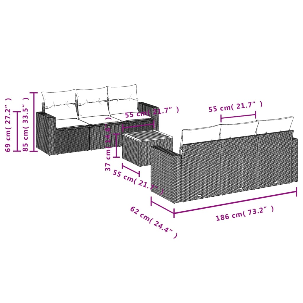 vidaXL Set de comedor de jardín 7 pzas y cojines ratán sintético negro