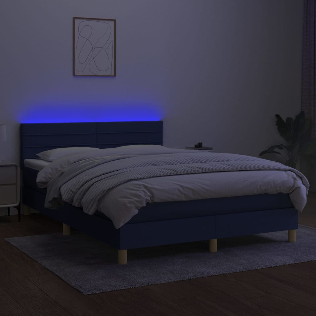 vidaXL Cama box spring colchón y luces LED tela azul 140x190 cm