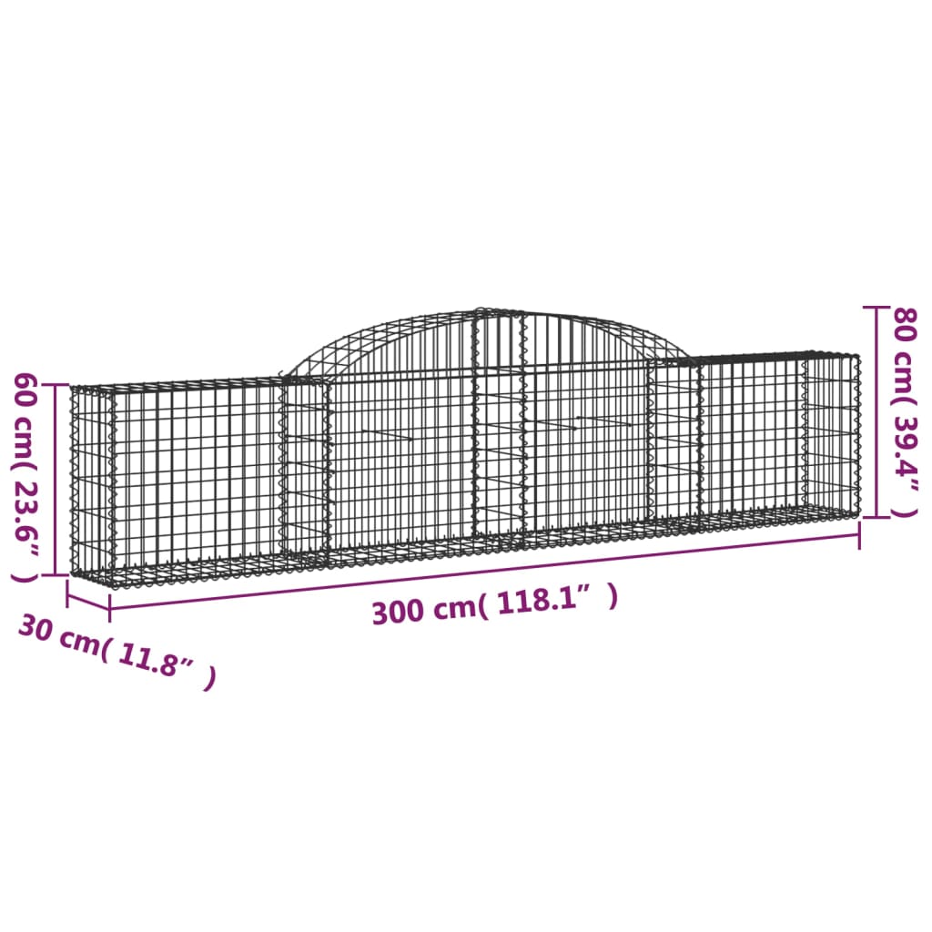 vidaXL Cestas de gaviones 12 uds forma de arco hierro 300x30x60/80 cm