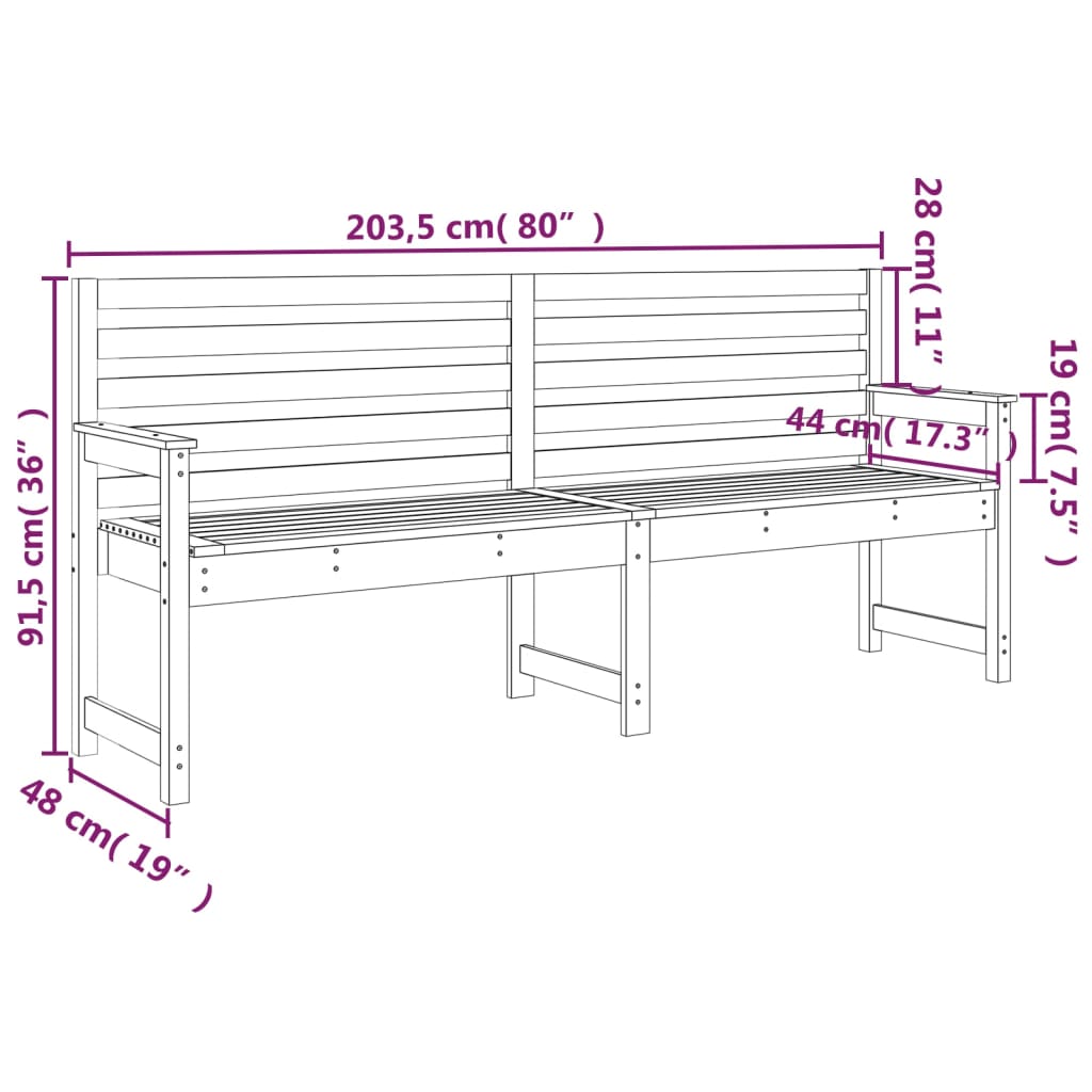 vidaXL Banco de jardín madera maciza pino negro 203,5x48x91,5 cm