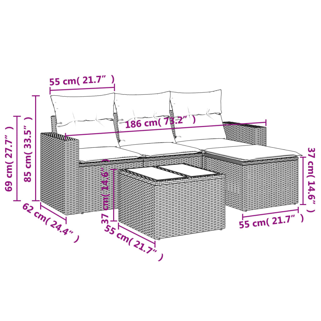 vidaXL Set de muebles de jardín 5 pzas y cojines ratán sintético negro