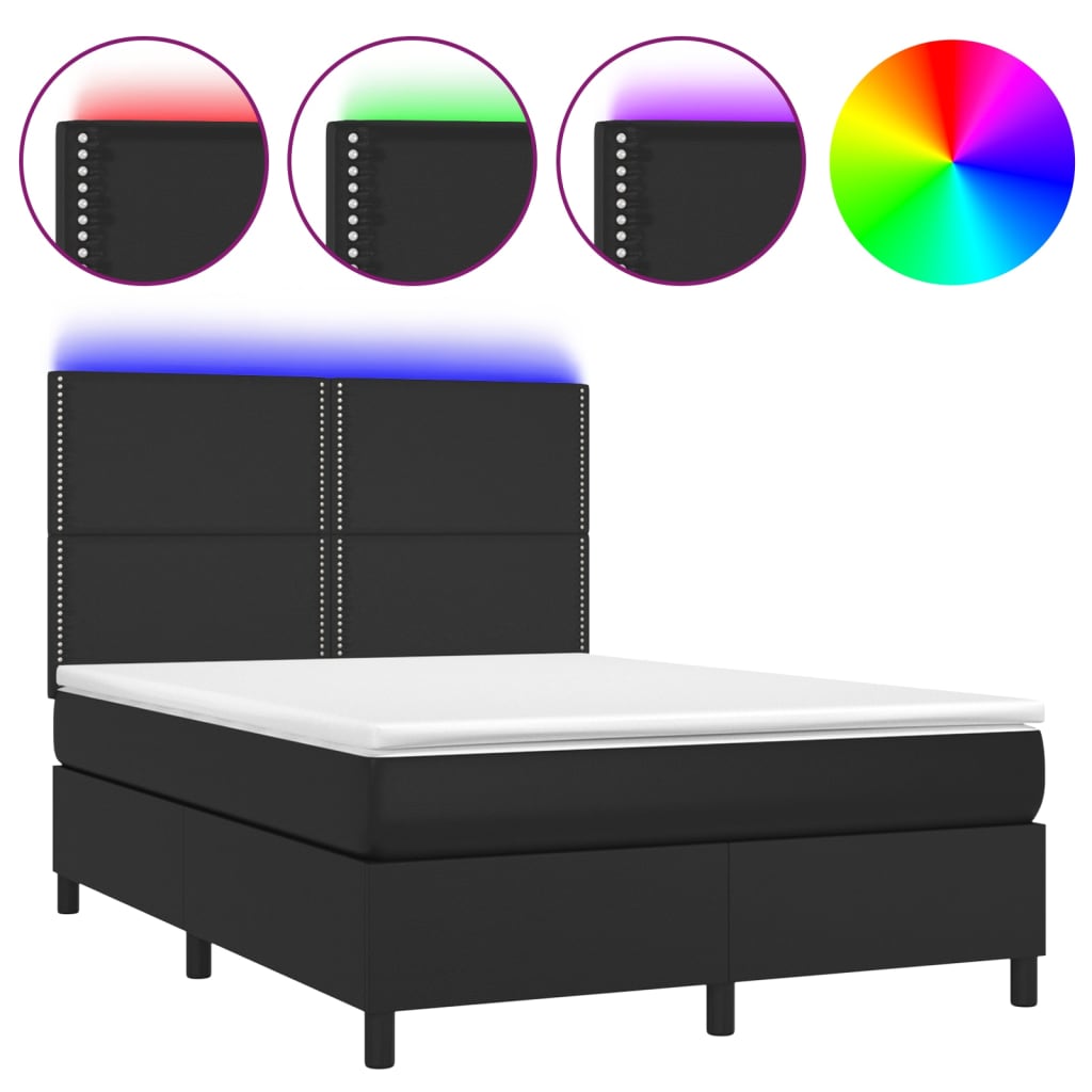 vidaXL Cama box spring colchón y LED cuero sintético negro 140x200 cm