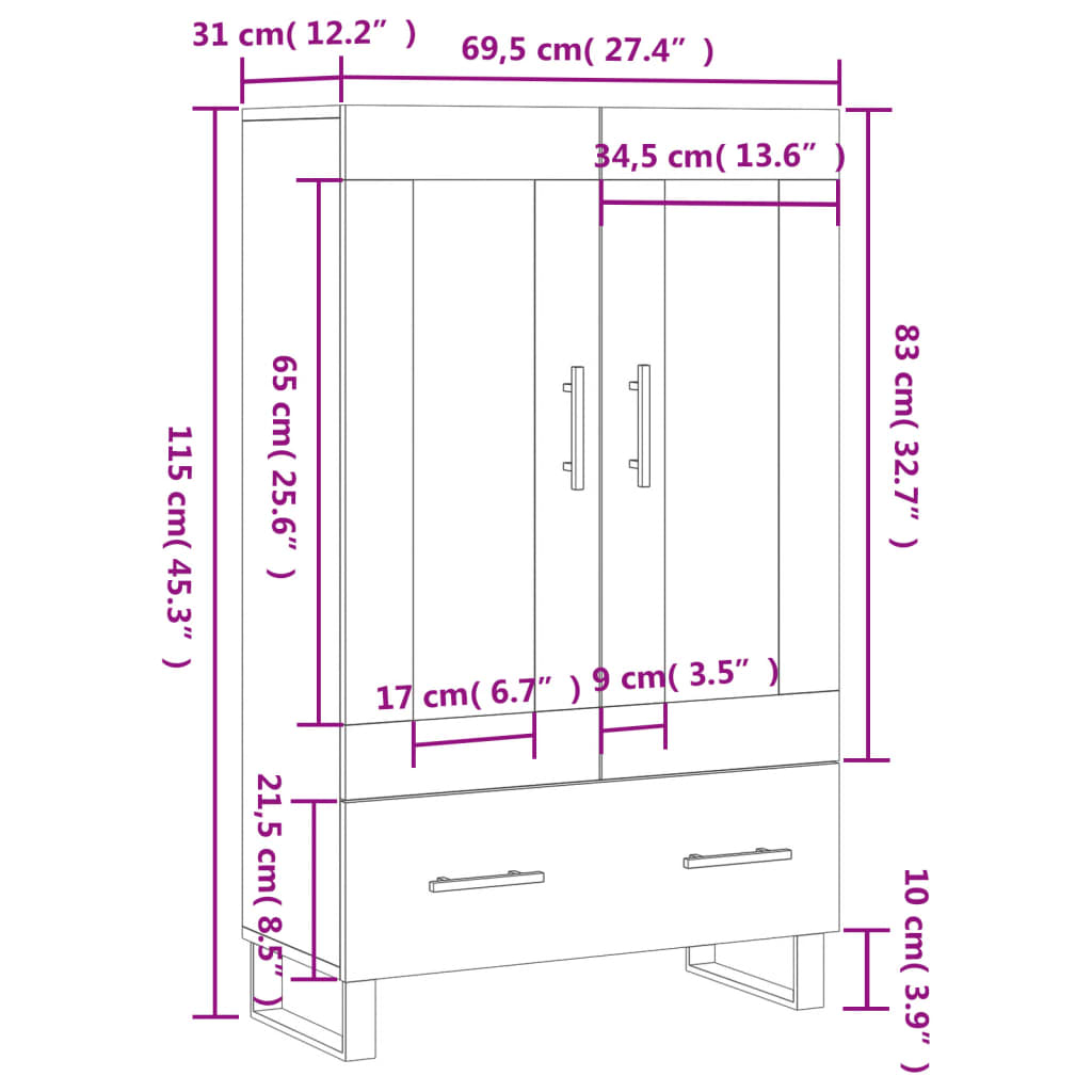 vidaXL Aparador alto madera de ingeniería gris hormigón 69,5x31x115 cm