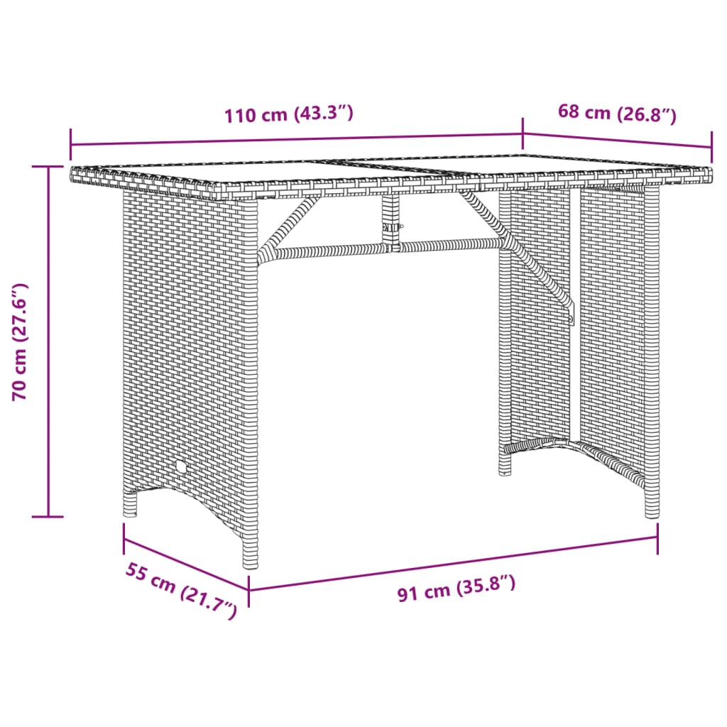 vidaXL Mesa de jardín superficie de madera ratán PE negro 110x68x70 cm