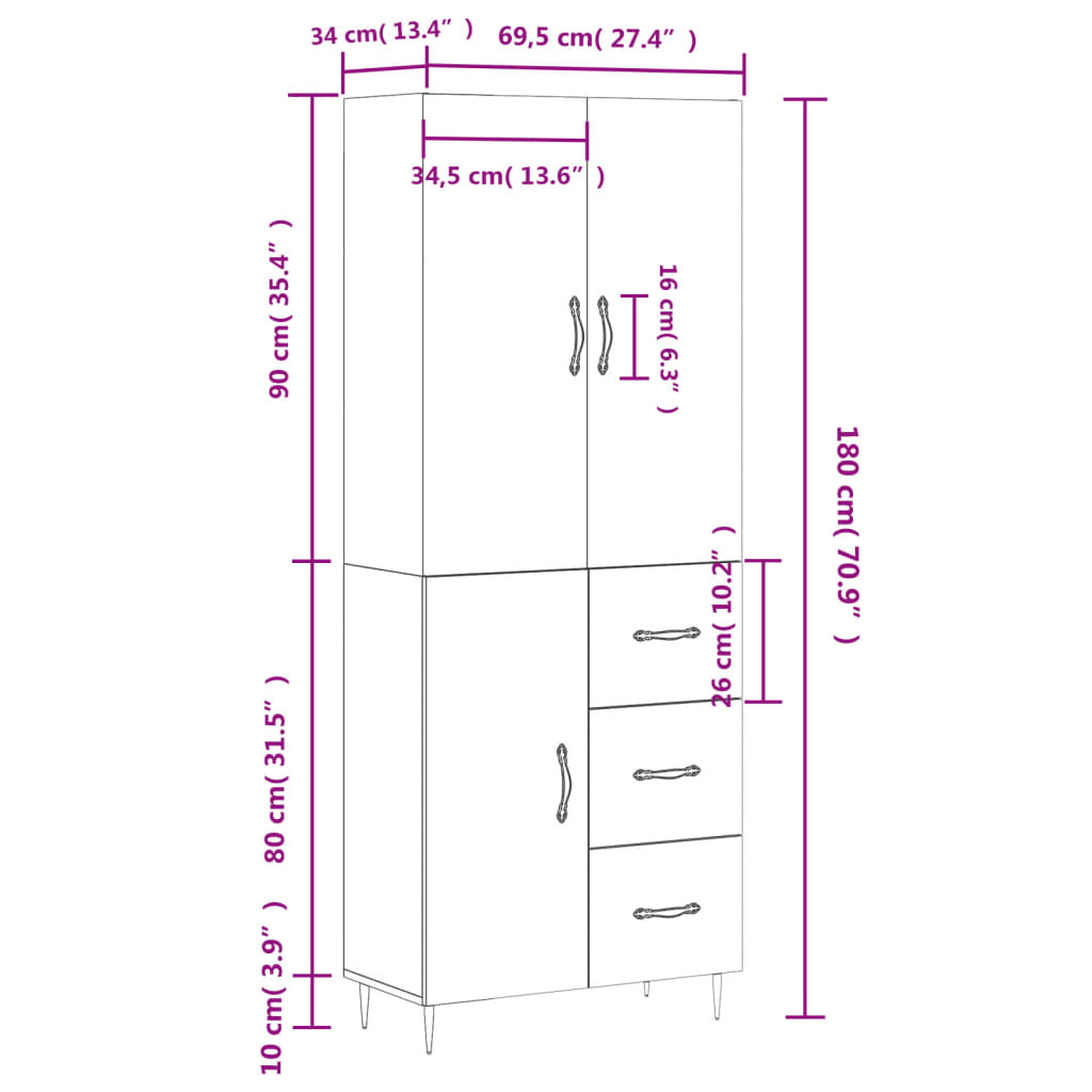 vidaXL Aparador alto madera contrachapada blanco brillo 69,5x34x180 cm