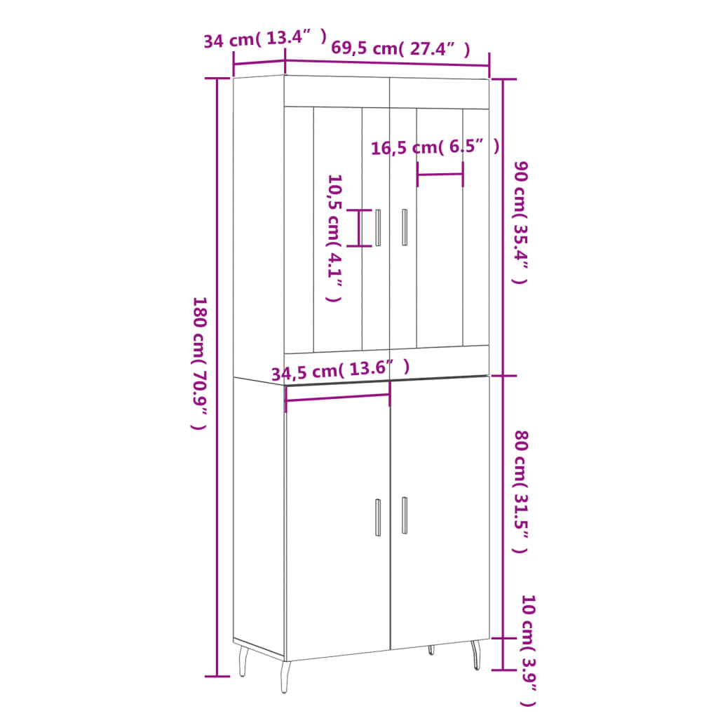 vidaXL Aparador alto madera contrachapada negro 69,5x34x180 cm