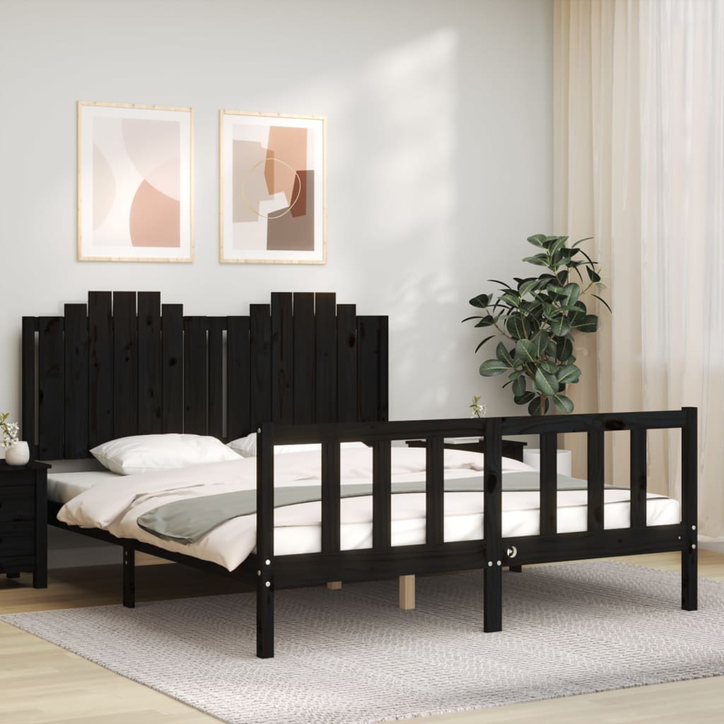 vidaXL Estructura cama de matrimonio con cabecero madera maciza negro