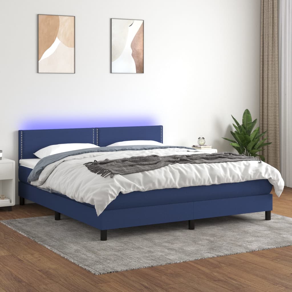 vidaXL Cama box spring colchón y luces LED tela azul 160x200 cm