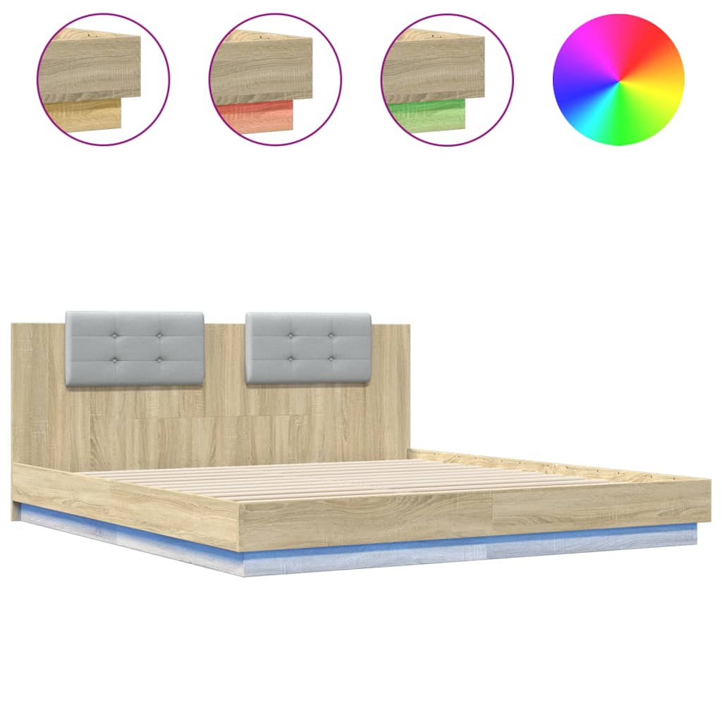 vidaXL Estructura de cama cabecero luces LED roble Sonoma 160x200 cm