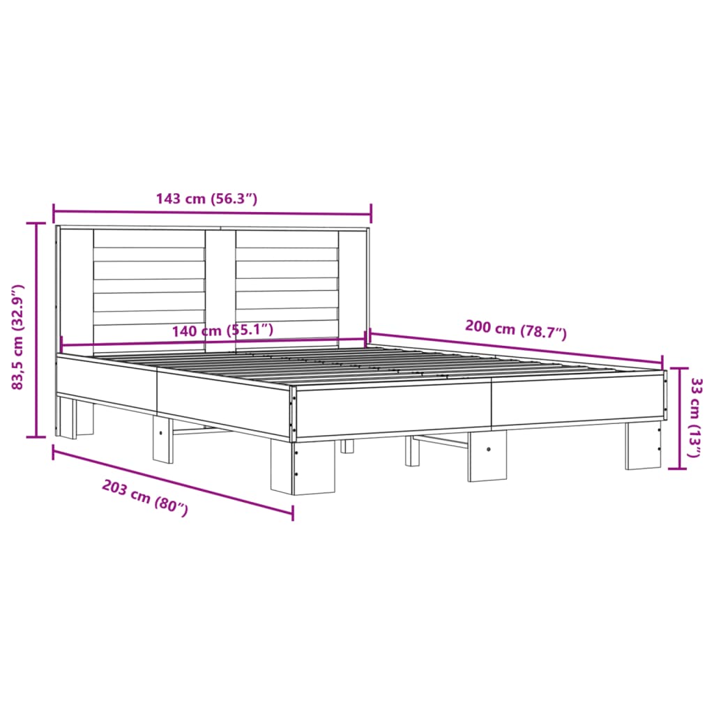 vidaXL Estructura cama madera ingeniería metal marrón roble 140x200 cm