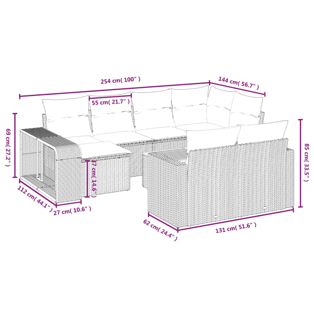 vidaXL Set de sofás de jardín 11 pzas y cojines ratán sintético gris