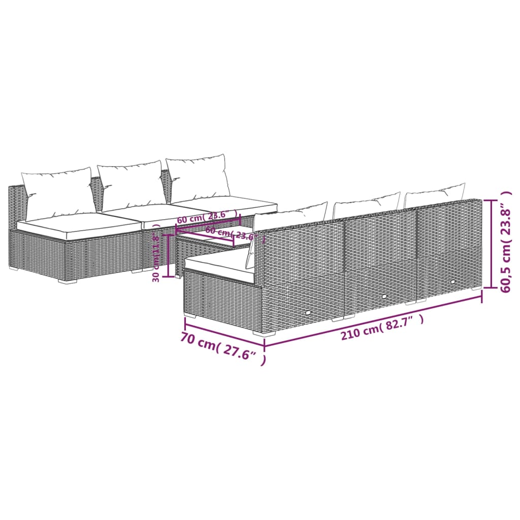 vidaXL Set de muebles de jardín y cojines 7 pzas ratán sintético negro