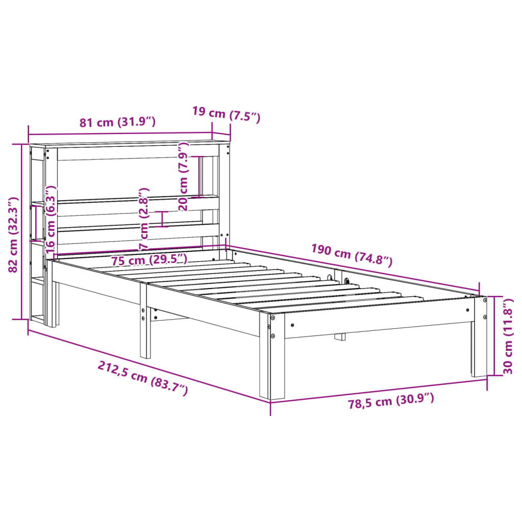 vidaXL Estructura de cama con cabecero madera pino blanco 75x190 cm