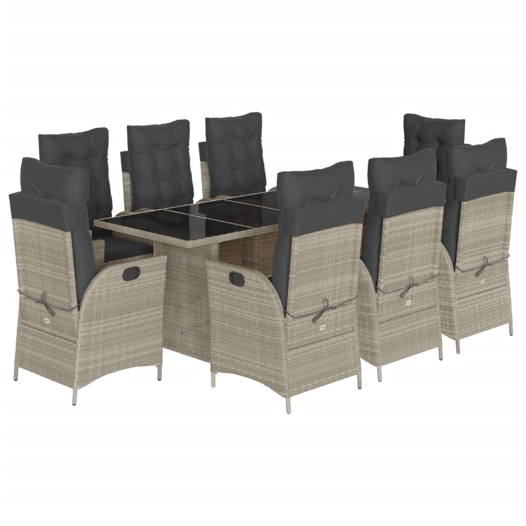 vidaXL Set comedor de jardín 9 pzas cojines ratán sintético gris claro