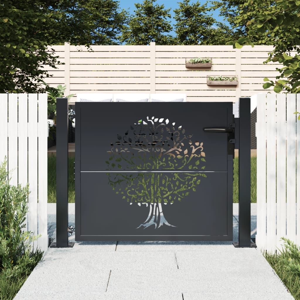 vidaXL Puerta de jardín acero gris antracita diseño árbol 105x105 cm