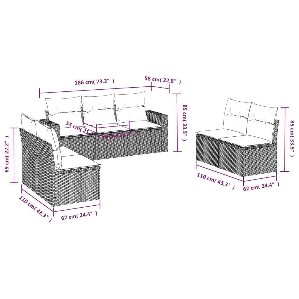 vidaXL Set de comedor de jardín 7 pzas y cojines ratán sintético negro