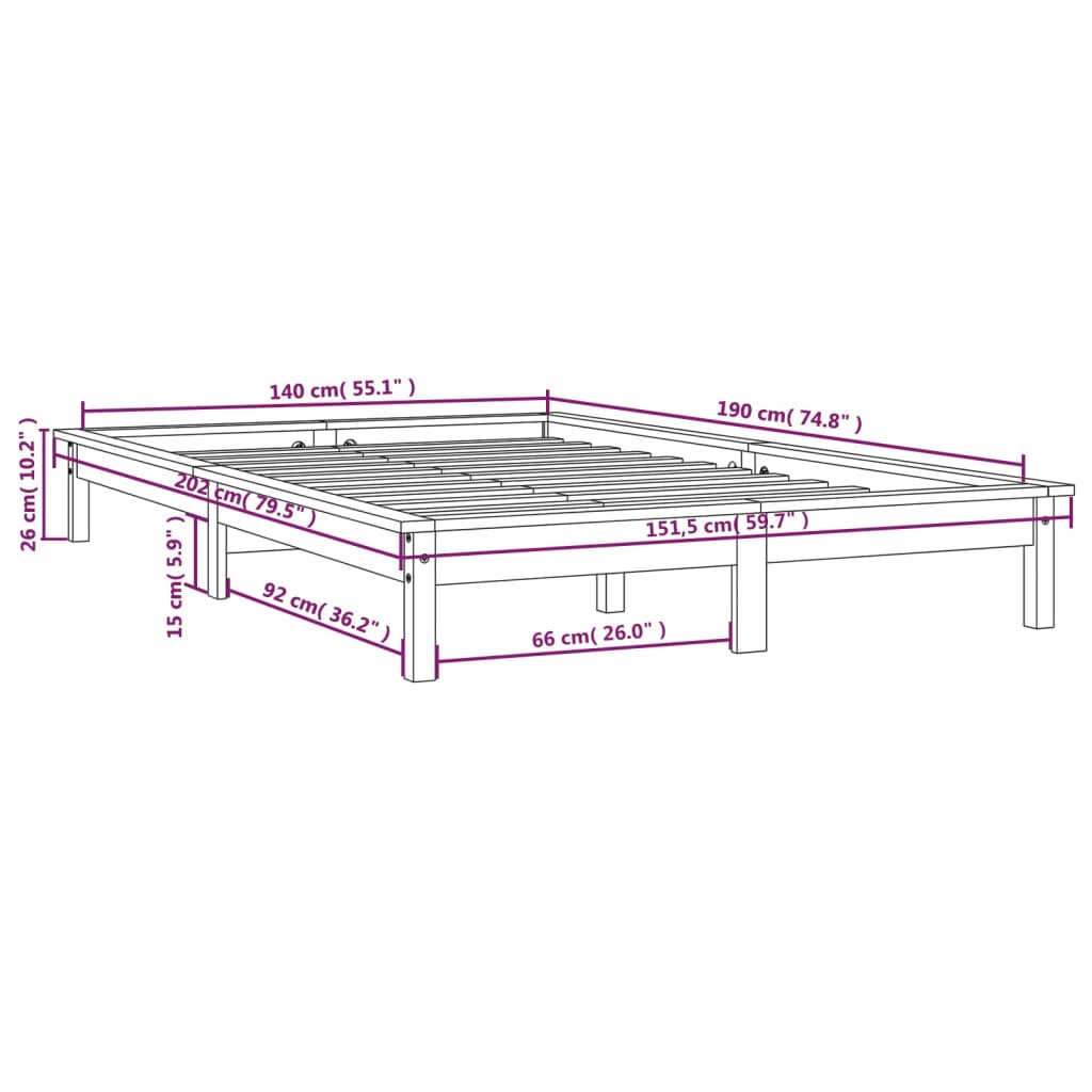 vidaXL Estructura de cama de madera maciza de pino negro 140x190 cm