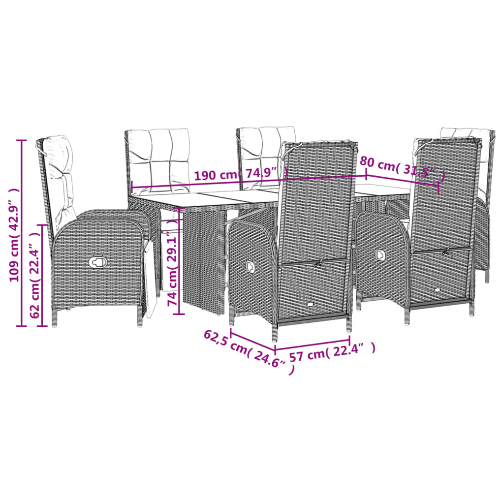 vidaXL Set de comedor de jardín 7 pzas y cojines ratán sintético negro