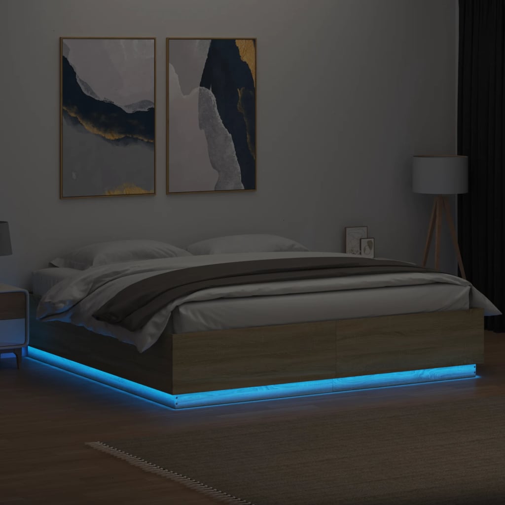 vidaXL Estructura de cama con luces LED madera roble Sonoma 200x200 cm