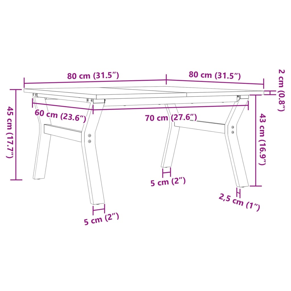 vidaXL Mesa de centro marco Y madera maciza pino y hierro 80x80x45 cm