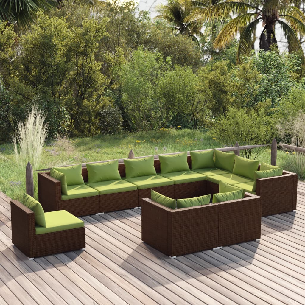 vidaXL Set muebles de jardín 10 pzas y cojines ratán sintético marrón