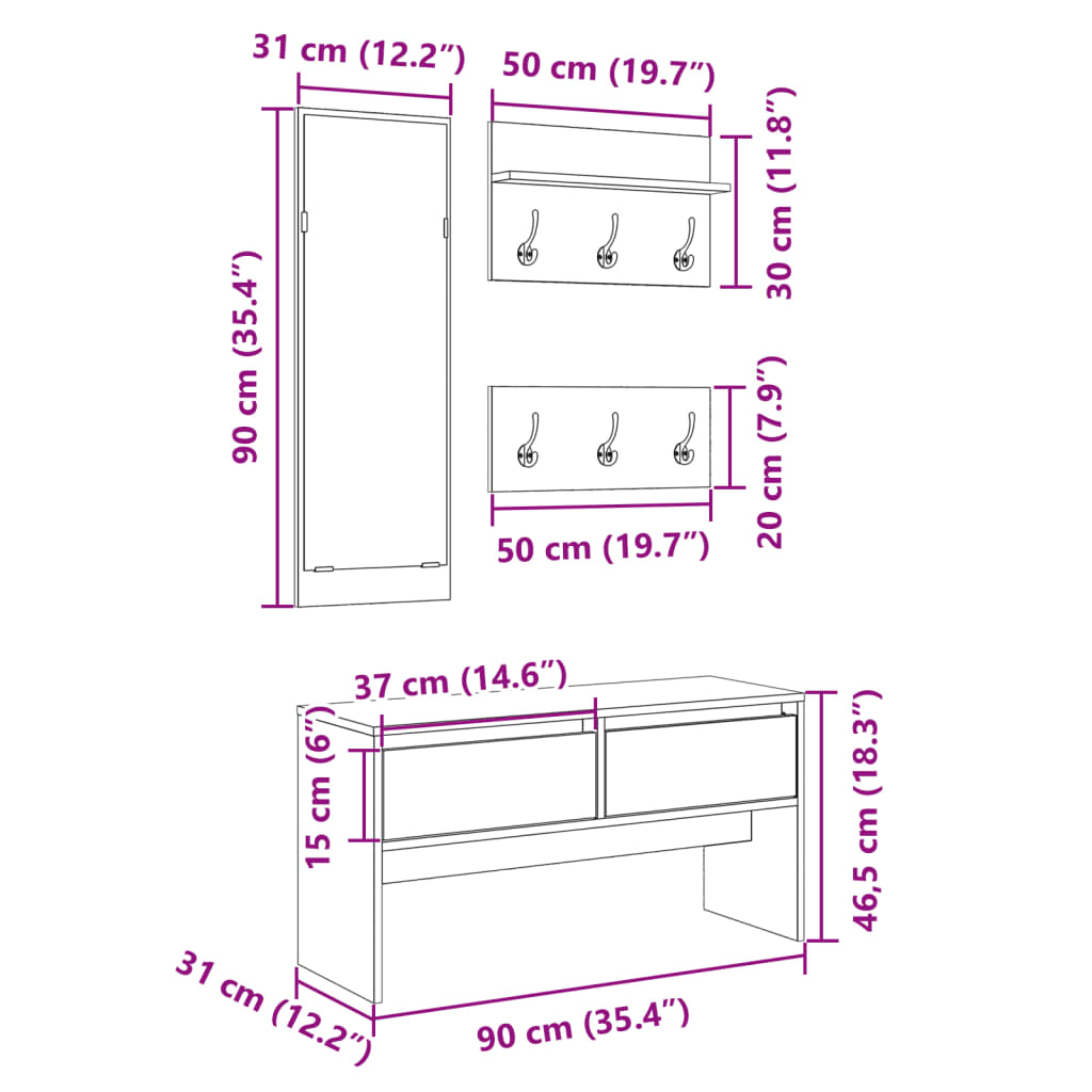 vidaXL Muebles de recibidor 4 piezas madera de ingeniería gris Sonoma